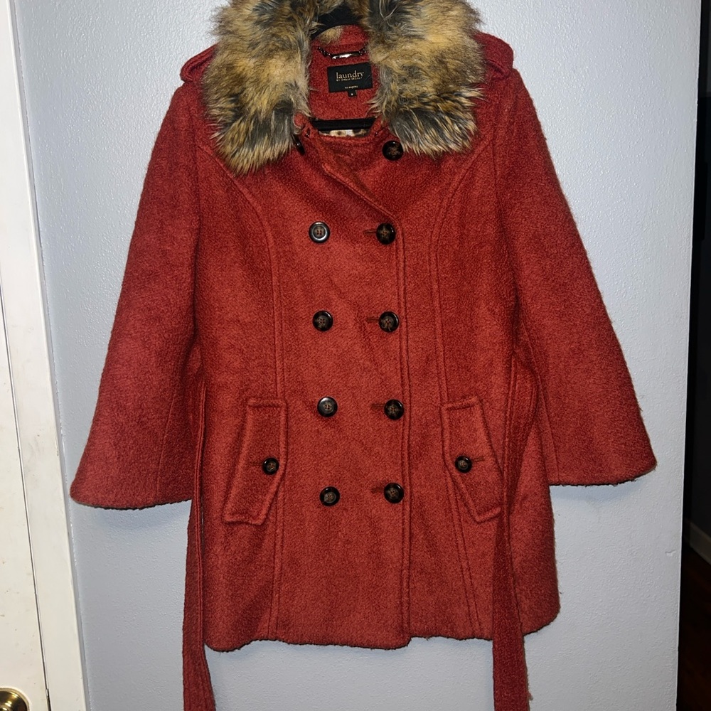 Laundry dark Orange Double-Breasted Coat with Faux Fur Collar